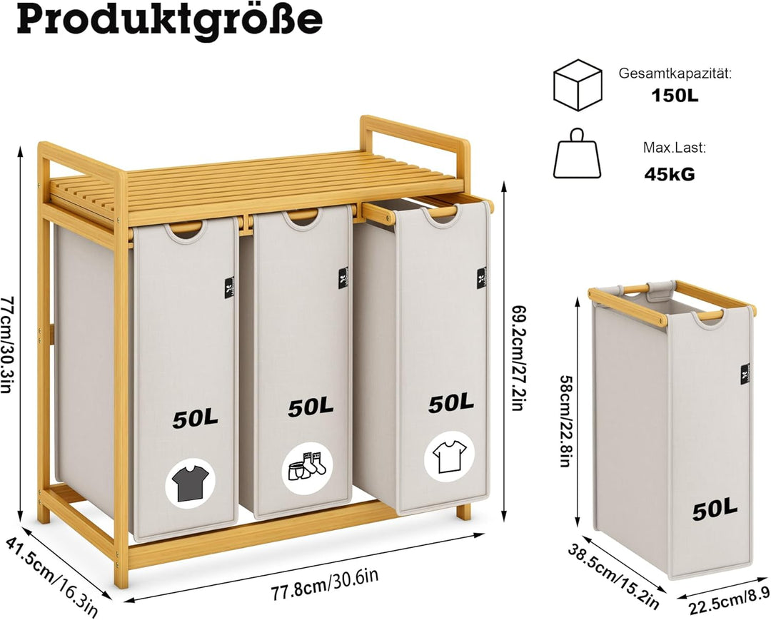 AdelDream Wäschekorb mit Bambusrahmen 150L 3 Fächer Bambus Wäschesammler laundry baskets Bogendesign