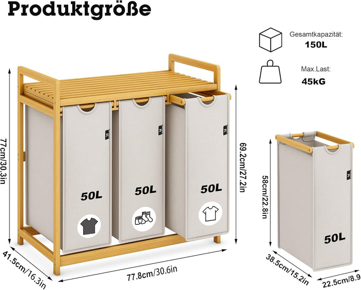 AdelDream Wäschekorb mit Bambusrahmen 150L 3 Fächer Bambus Wäschesammler laundry baskets Bogendesign