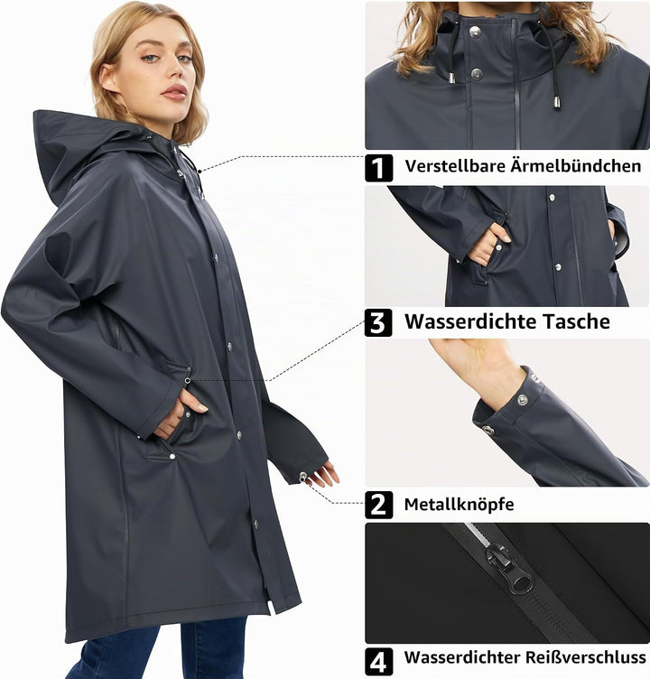 UNIQUEBELLA Regenjacke Damen Wasserdicht Regenmantel Mit Kapuze Winddicht Wetterfest Übergangsjacke
