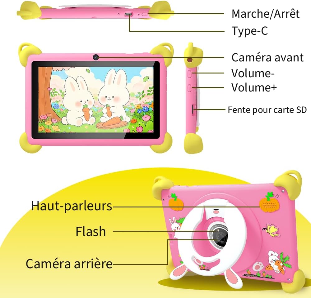 Veidoo 7-Zoll Android Kinder-Tablet, 2+32 GB, Dual-Kameras, stossfeste Hülle, integriertes Hasen-Stä