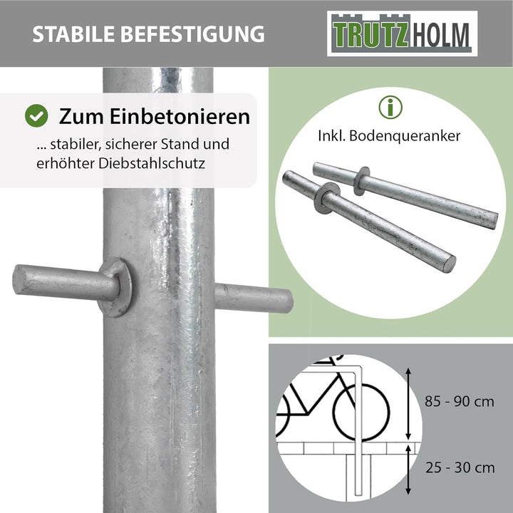 TRUTZHOLM 2x Fahrradanlehnbügel 115x58 cm Stahl feuerverzinkt und rostfrei Ø 48 mm zum Einbetonieren