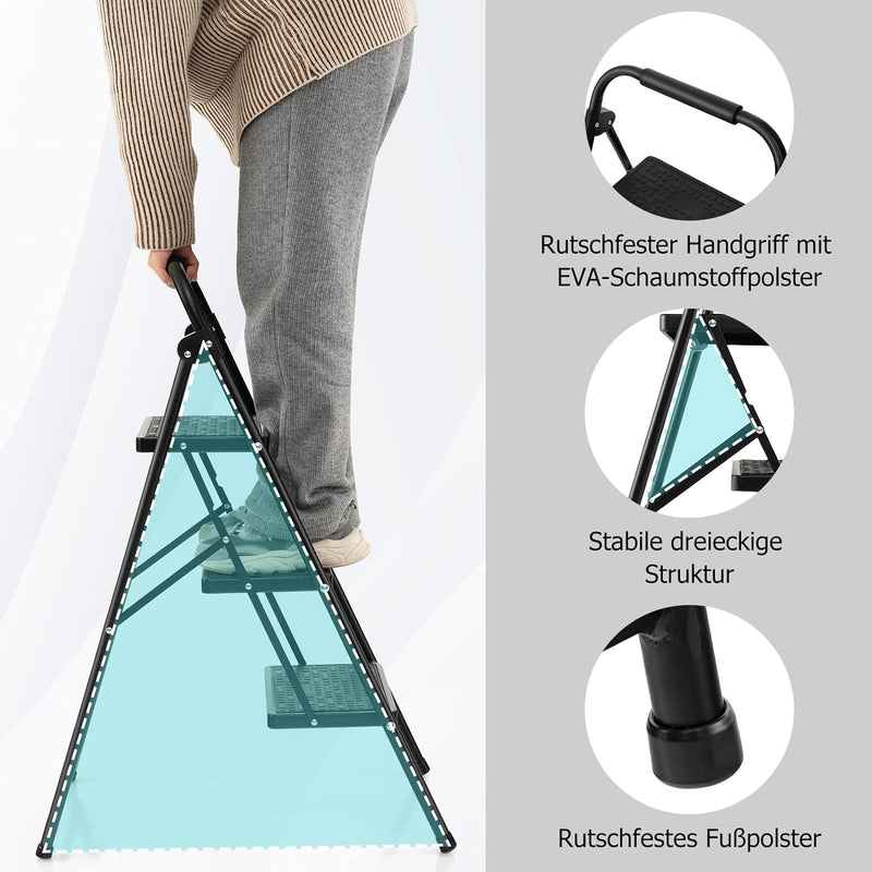 GYMAX Trittleiter 3 Stufen, klappbare Stufenleiter mit rutschfesten & Breiten Stufen, leichte Stehle