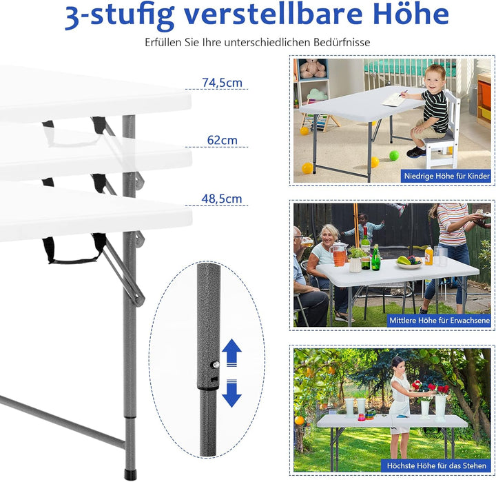 GOPLUS Klappbarer Campingtisch, Gartenklapptisch aus Eisenrohr & HDPE mit Griff, 3-Fach höhenverstel