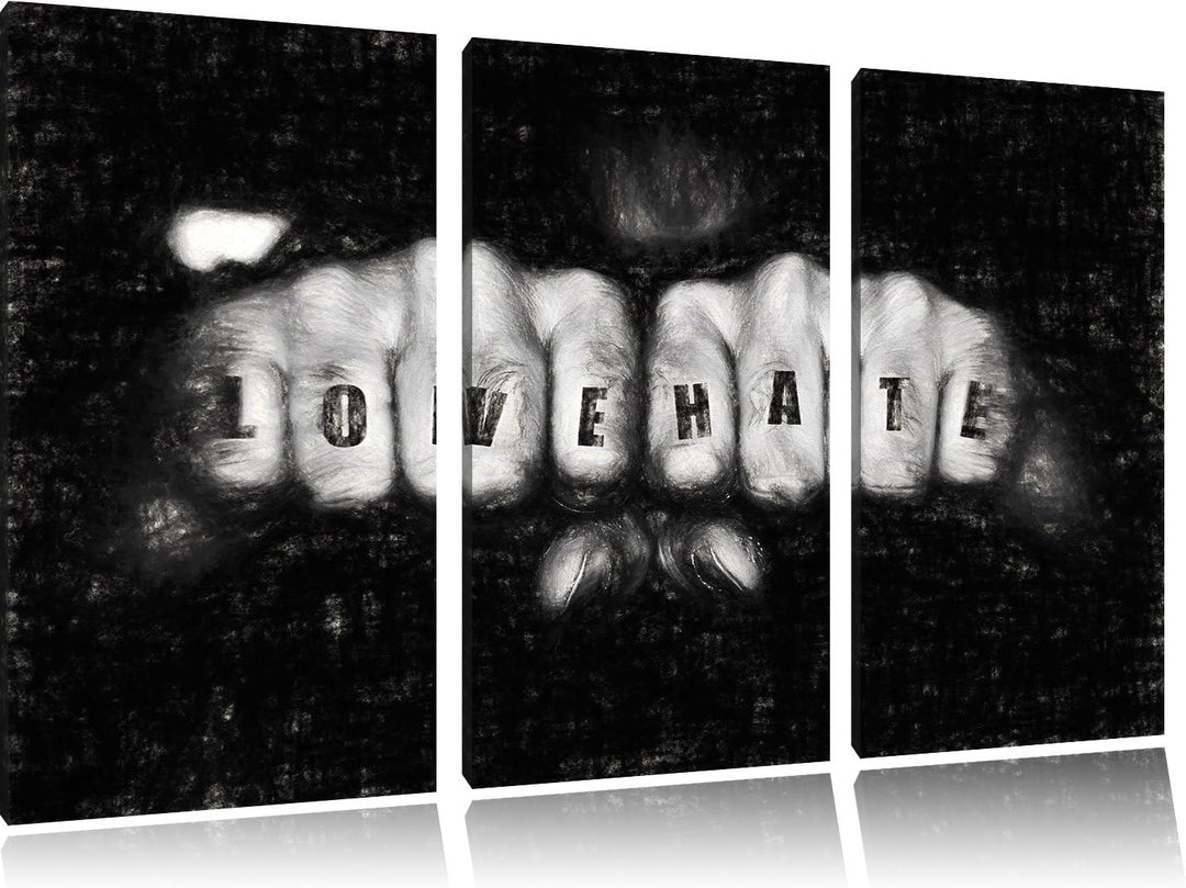 Pixxprint Love Hate Fäuste als Leinwandbild 3 teilig/Grösse: 3 Teilig (120x80) / Wandbild/Kunstdruck