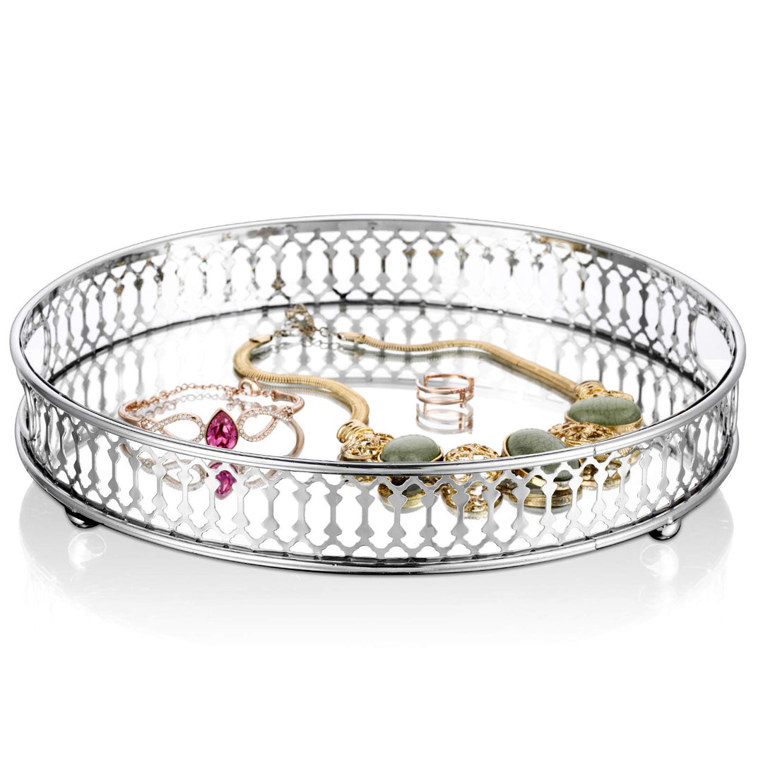 NUPTIO Spiegelglas Makeup Tablett 25cm Durchmesser, Silber Runde Deko Tablett Kerzenplatte Schmuck T