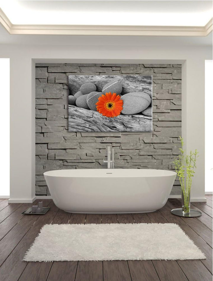 kleine Gerbera zwischen Zen Steinen schwarz/weiss Format: 100x70 auf Leinwand, XXL riesige Bilder fe
