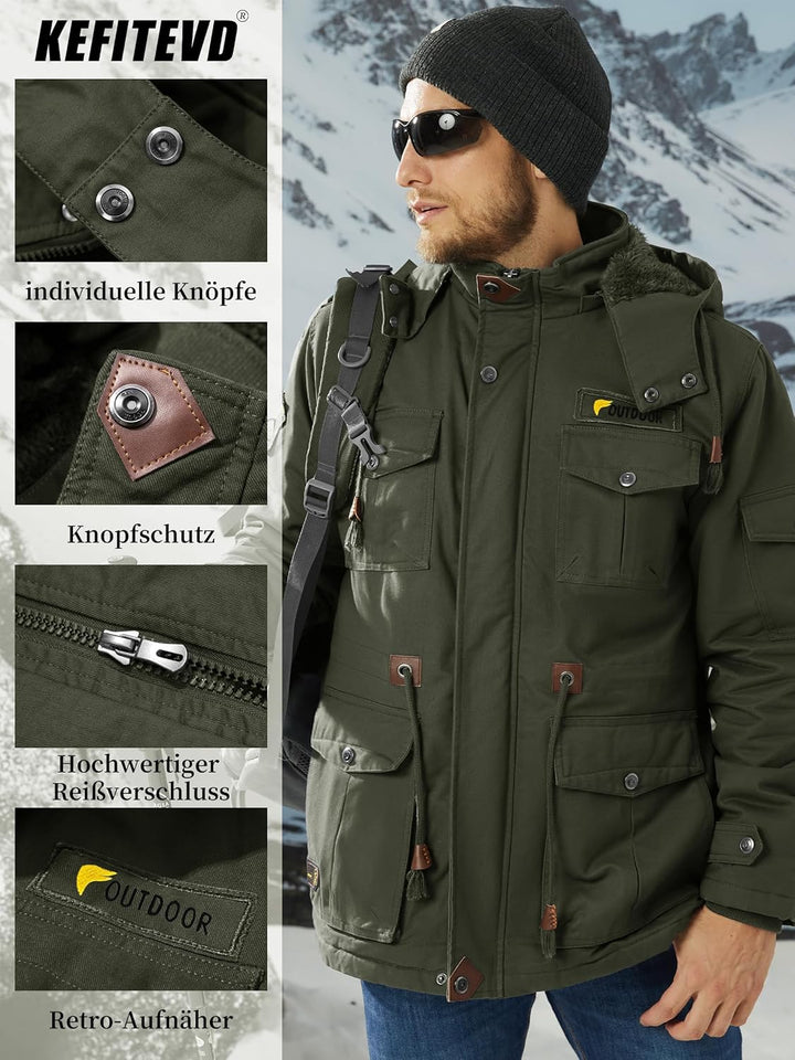 Winterparka Herren Fleece Gefüttert Winterjacke mit Viele Taschen Kapuze Warm Winter Mantel Übergang