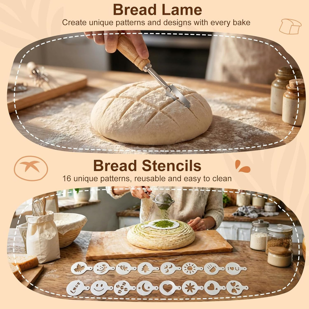 13-Teile Sauerteig Starter Set Mit Gärkörbchen Rund ø 25cm, 900ml Glas, Brotlamelle, Teigschaber, Ba