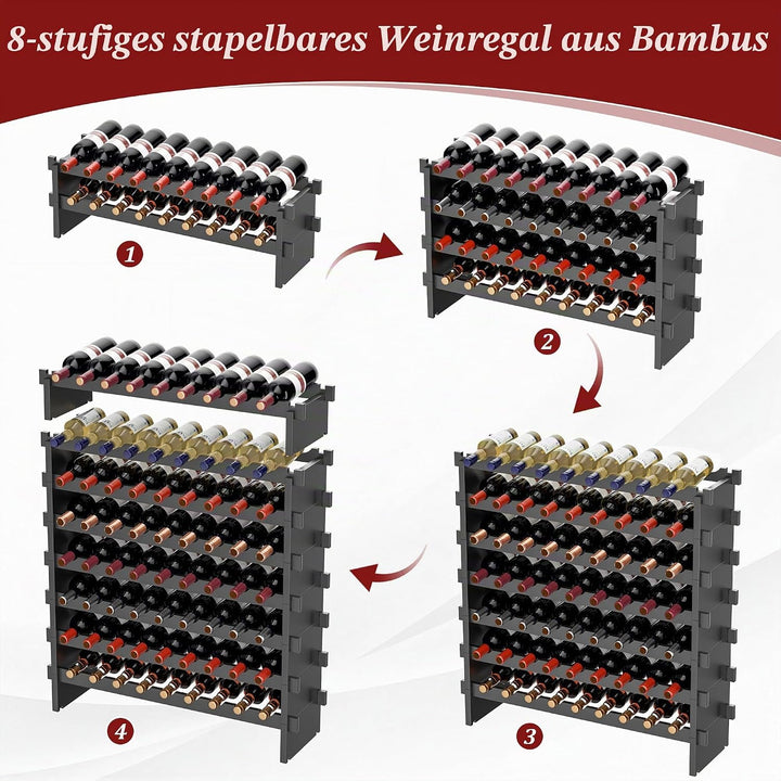 VASMIA Bambus Weinregal Stapelbar, Freistehendes 72 Flaschen Weinregal, Ohne Werkzeug Montage, 8 Ebe
