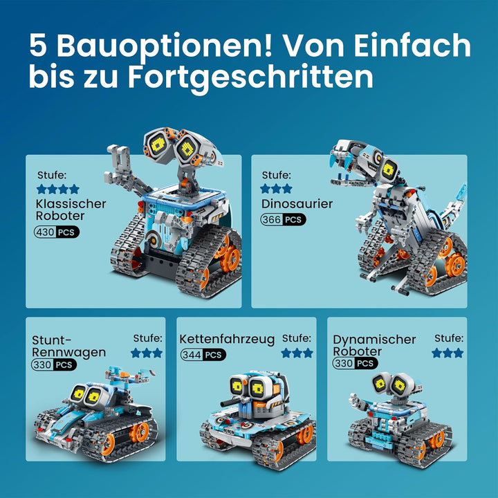 Sillbird 5-in-1-Technik Roboter Kinder für Jungen, Programmierbares Bauspielzeug mit App-Fernsteueru