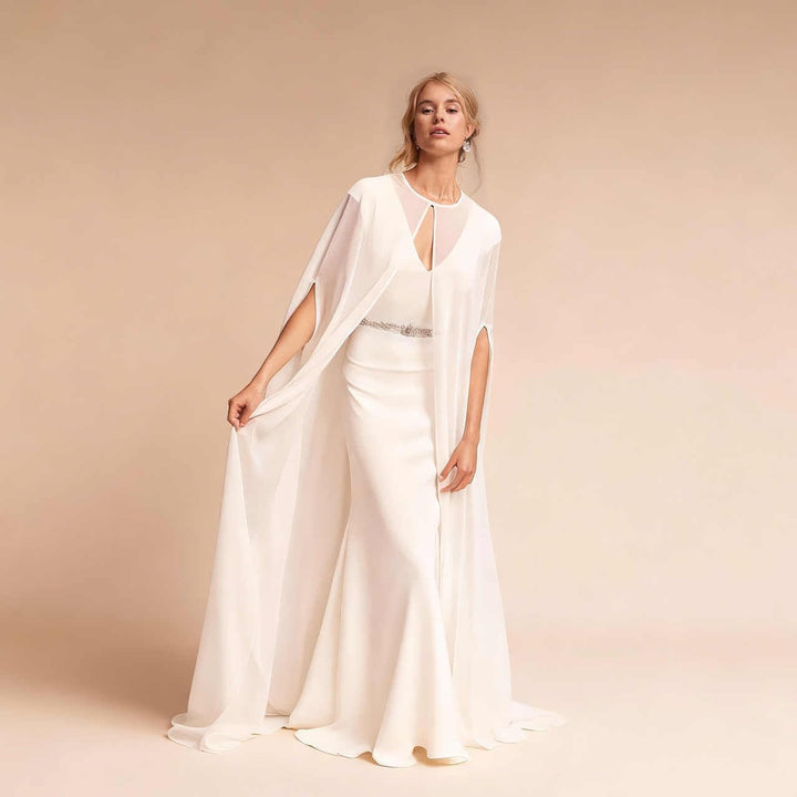 Chiffon Umhang Weiss Schal für Frauen Brautkleid Abendkleid Brautjungfer Party, elfenbein, L