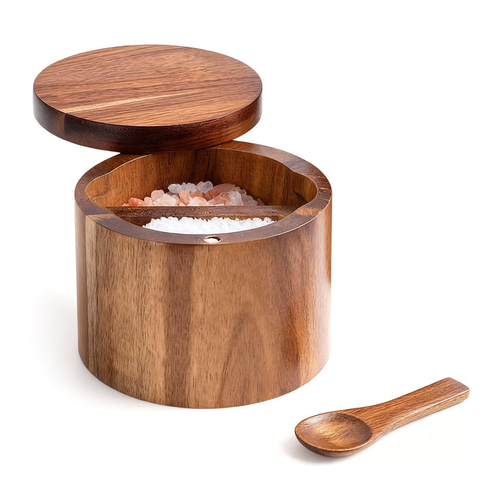 Acacia Holz Salzdose, Salzbehälter mit Deckel Holz, Schwenkdeckel, Salztopf mit Deckel und Löffel, G