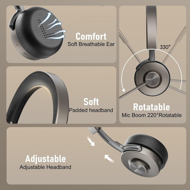 Beebang Bluetooth Headset mit Mikrophone, Kabelloses Headset für PC Laptop, 32h Gesprächszeit, USB A