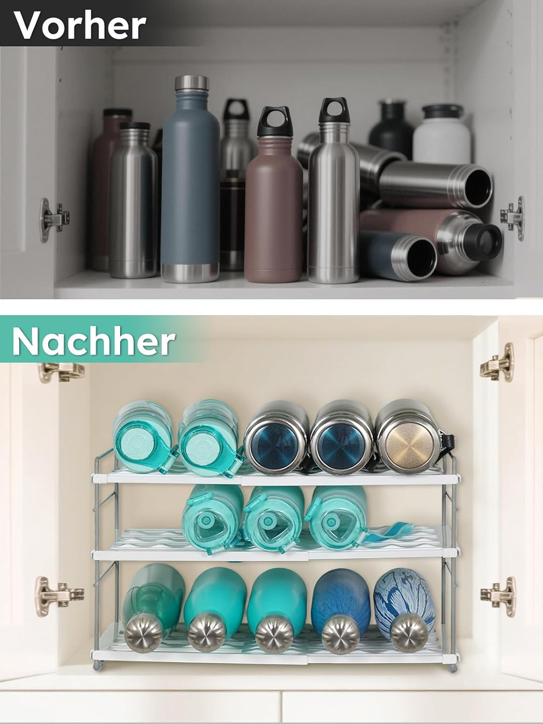 JUPELI Flaschen Organizer verstellbar – Flaschenhalter & Flaschenregal für Wasserflaschen, Thermosfl