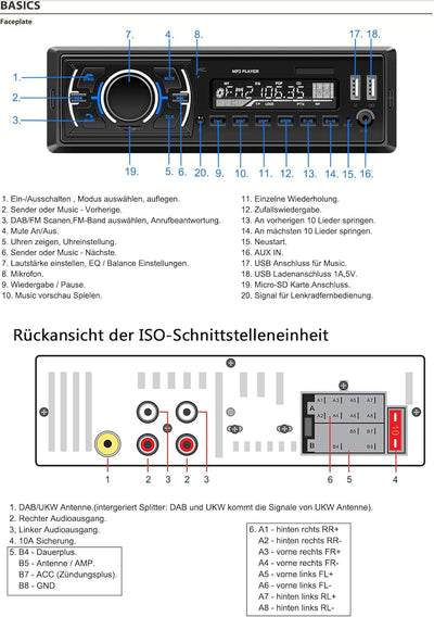 M.I.C.D3307 : DAB+ Autoradio mit Bluetooth Music Freisprecheinrichtung I FM Radio I 1A Smartphone La