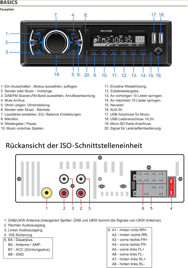 M.I.C.D3307 : DAB+ Autoradio mit Bluetooth Music Freisprecheinrichtung I FM Radio I 1A Smartphone La