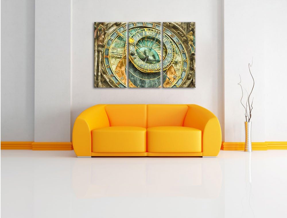 Pixxprint Prager Rathausuhr Pinsel Effekt 3-Teiler Leinwandbild 120x80 Bild auf Leinwand
