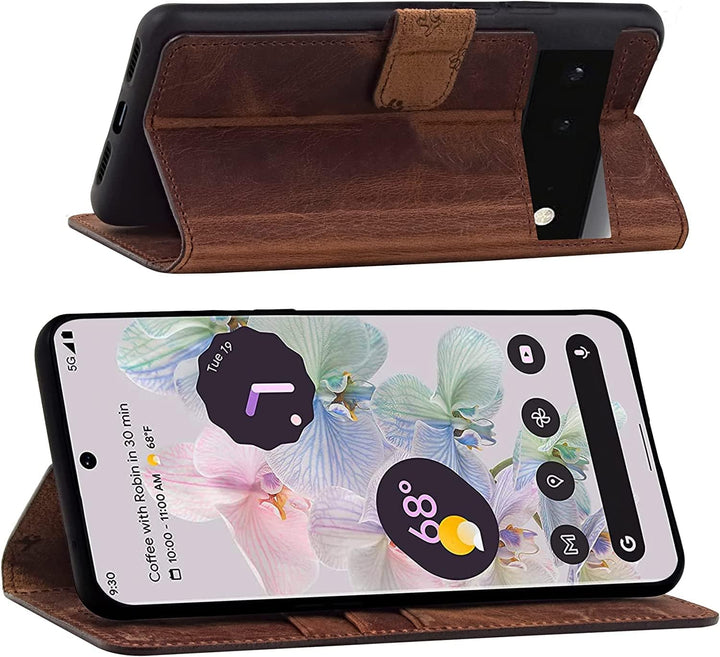 Suncase Book-Style Hülle kompatibel mit Google Pixel 7A 5G Leder Tasche (Slim-Fit) Lederhülle Handyt