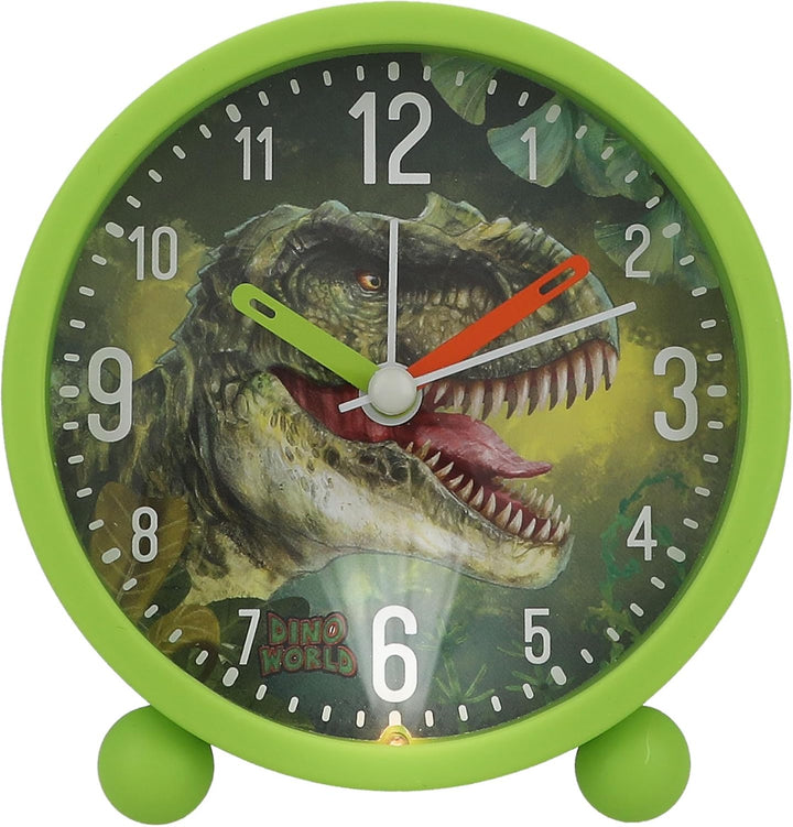Depesche 12691 Dino World - Wecker für Kinder in Grün mit Dino-Motiv, lautlose Uhr mit Licht-Funktio