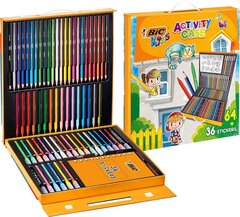 BIC Kids Stifte Set à 64: 24 Buntstifte, 24 Filzstifte, 16 Malkreiden und 36 Sticker, in praktischer