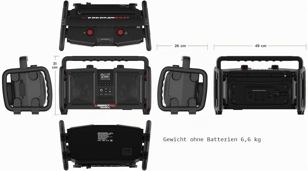 PerfectPro Baustellenradio ROCKBULL, DAB+ und UKW-Empfang, Bluetooth, AUX-Eingang, Akku integriert,