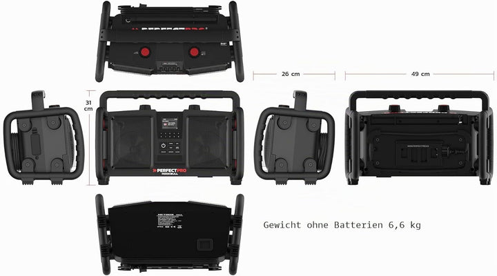 PerfectPro Baustellenradio ROCKBULL, DAB+ und UKW-Empfang, Bluetooth, AUX-Eingang, Akku integriert,