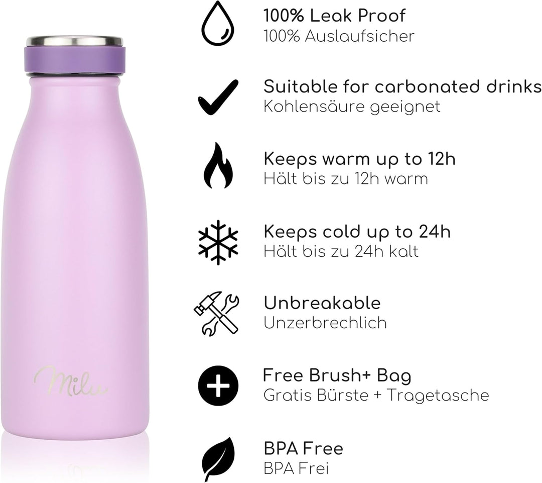 Milu Edelstahl Trinkflasche 350ml, 500ml, 750ml, 1L, 1,5L – Thermosflasche für Kinder Erwachsene aus