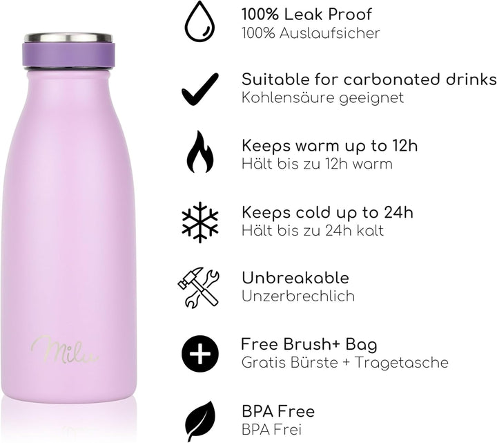 Milu Edelstahl Trinkflasche 350ml, 500ml, 750ml, 1L, 1,5L – Thermosflasche für Kinder Erwachsene aus