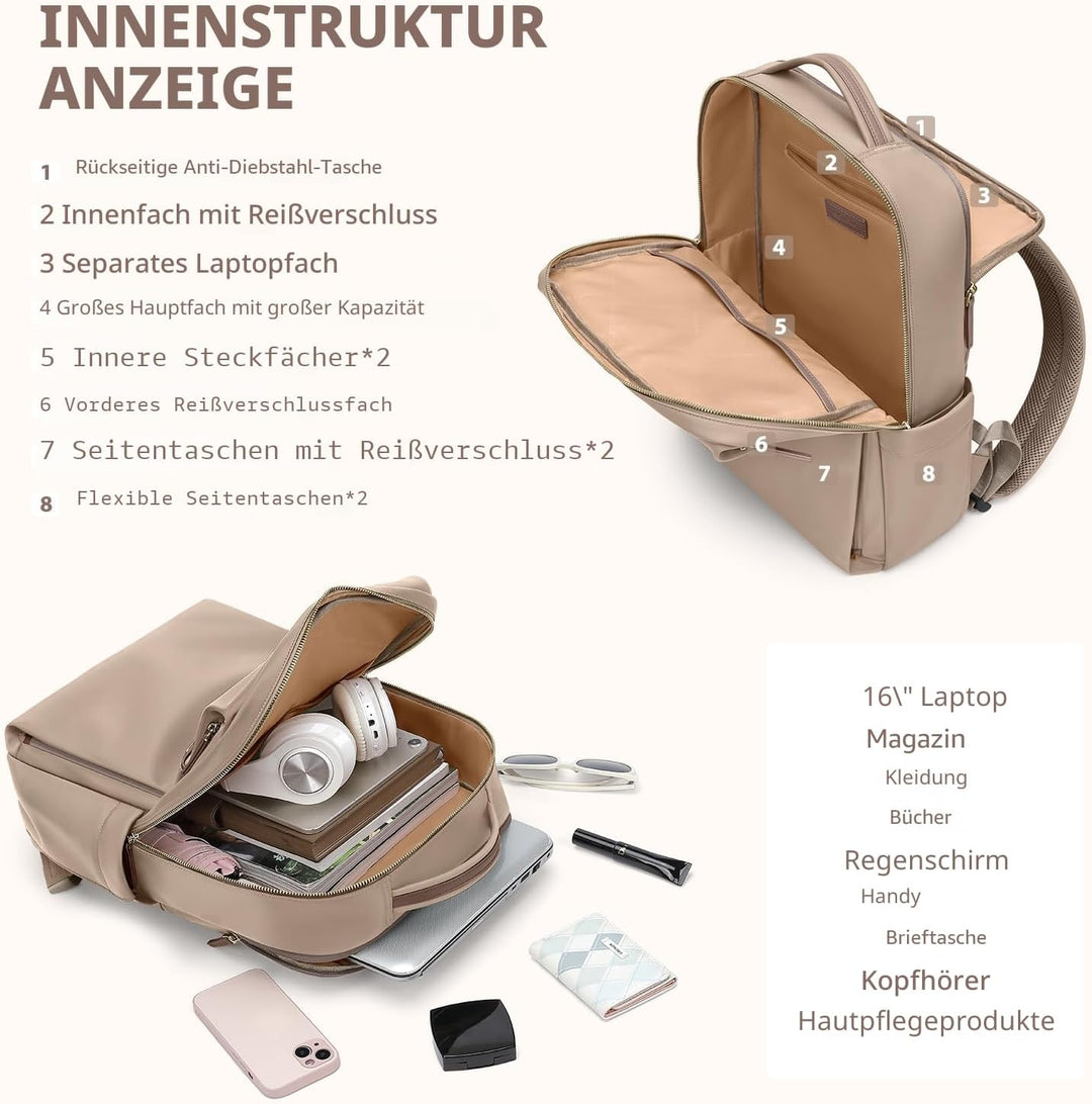 Laptop Rucksack für Damen 16 Zoll, Arbeit, Business, Computer-Rucksäcke mit Laptopfach, wasserdicht,
