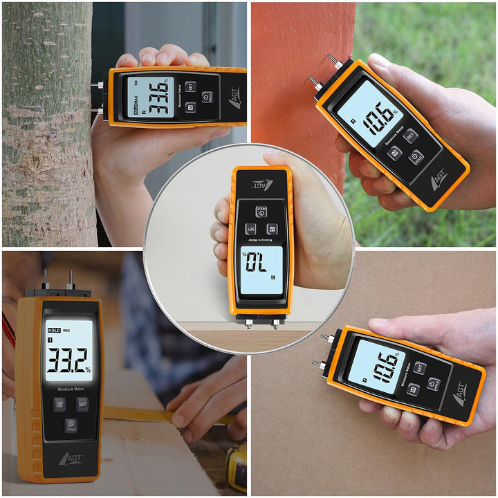 AGT Feuchtigkeitsmessgerät: Mobiler 4in1-Feuchtigkeitsdetektor, Batterie-Betrieb, LCD-Display (Holzf
