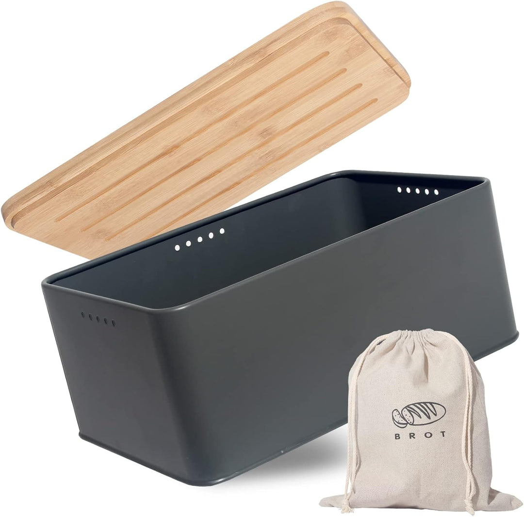 Theo&Cleo Brotkasten mit Schneidebrett , 33x21x15cm , Matte Brotbox mit Bambusdeckel und Leinen Brot