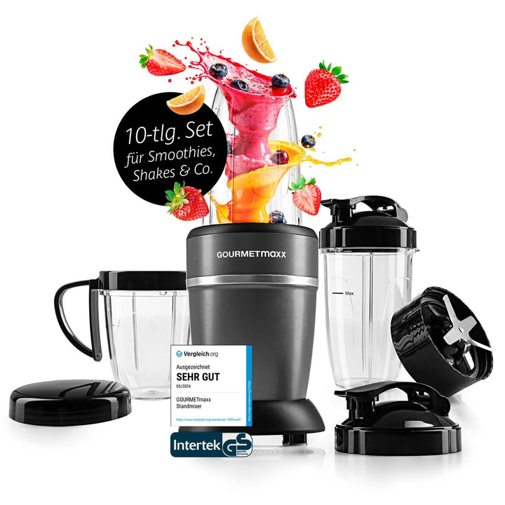 GOURMETmaxx Nutrition Mixer 1000 Watt | Smoothie Maker mit to go Deckel | Standmixer mit Mixbecher &
