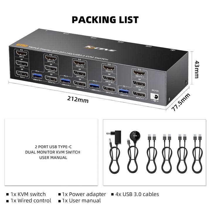 KVM Switch 3 Monitore 4 PC, 2 Displayport + 1 HDMI USB 3.0 KVM-Umschalter, unterstützt 4K@60 Hz für