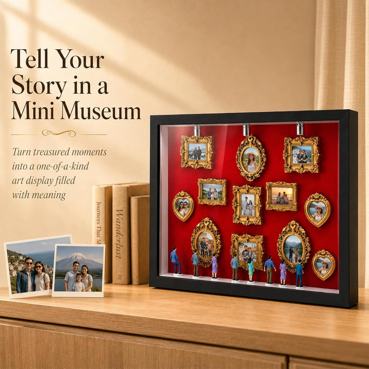 DIY Mini Museum Schattenbox mit LED, Erinnerungsrahmen Set | 11 Mini-Frames, 8 Figuren, Holz &amp; Harz,