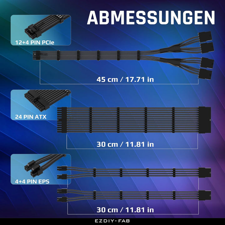 EZDIY-FAB PCIE 5.0 12VHPWR Sleeved Cable Kit, 16AWG Stromversorgungskabel Verlängerung, 24PIN-ATX/(4