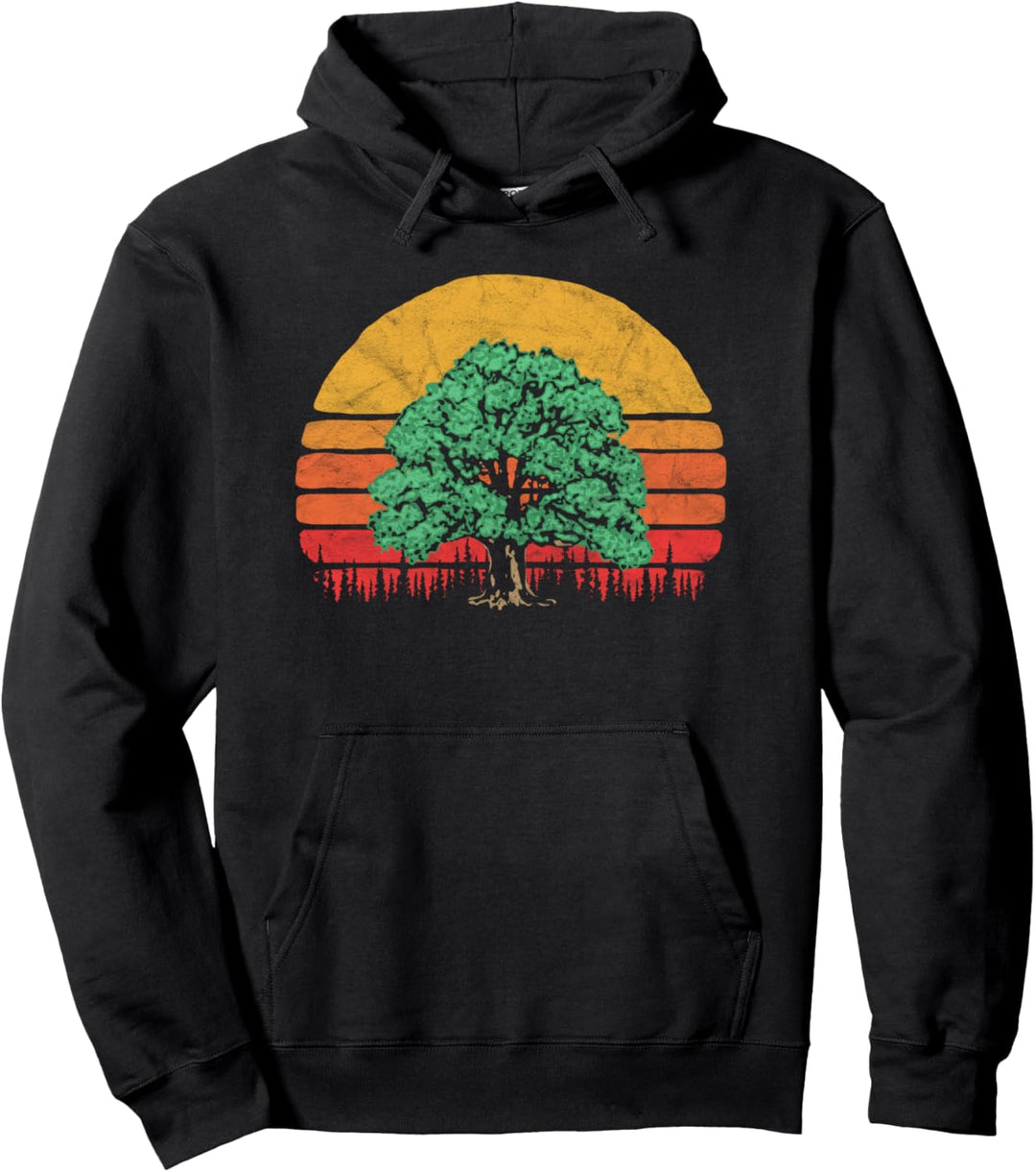 Retro Sun Minimalist Oak Tree Design - Graphic Pullover Hoodie