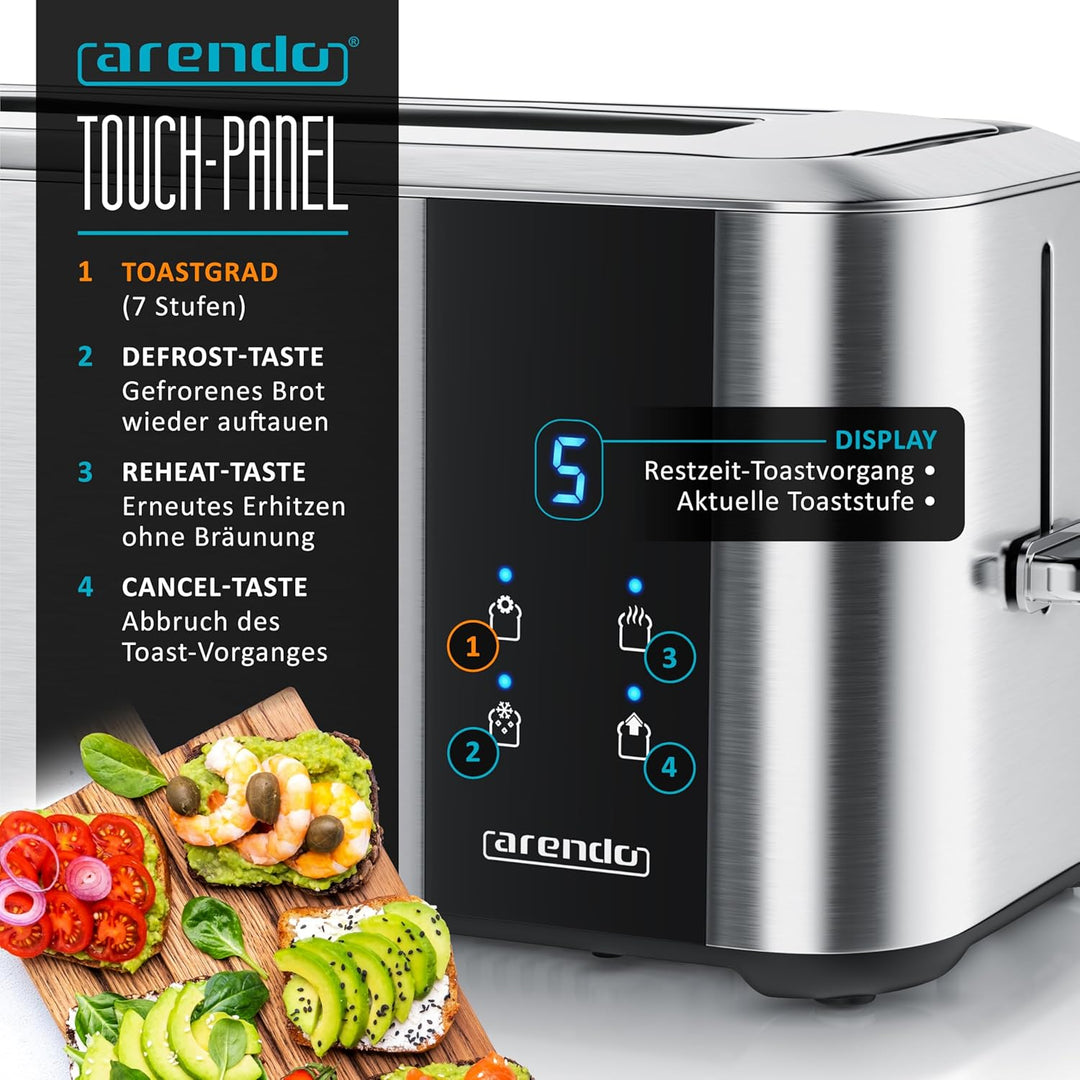 Arendo - Edelstahl Toaster Langschlitz 4 Scheiben- Touchscreen – Doppelwandgehäuse – 1500 W – Integr