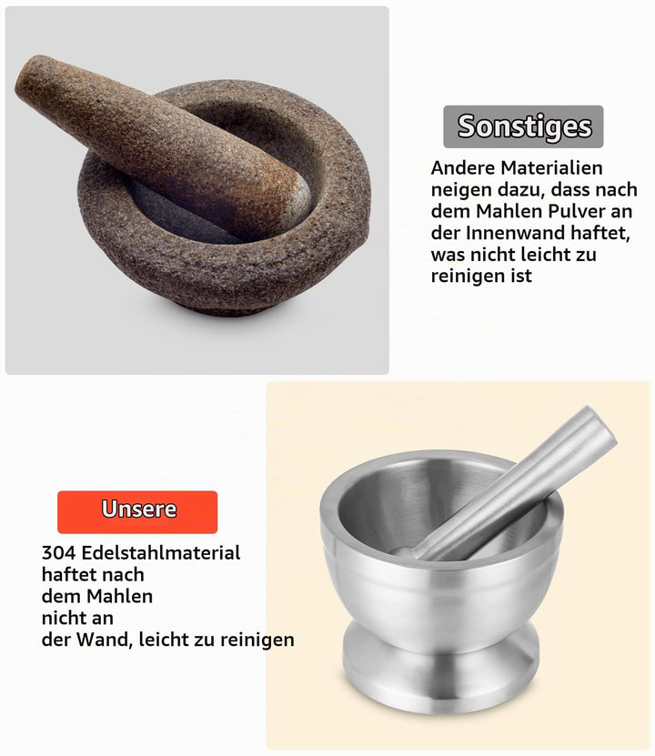 304 Mörser mit Stössel Set mit Stössel Klein, Löffel und Silikondeckel Gewürzmühle Brecher Kräutersc