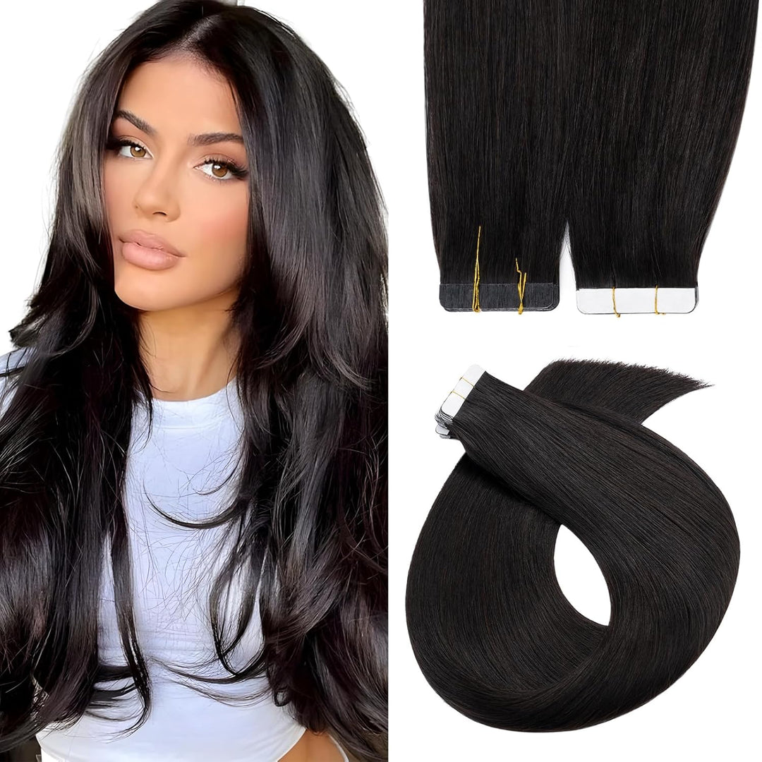 Elailite Echthaar Extensions Tape in #1B Naturschwarz 20 stück Invisible Kleber Haarverlängerung Kle