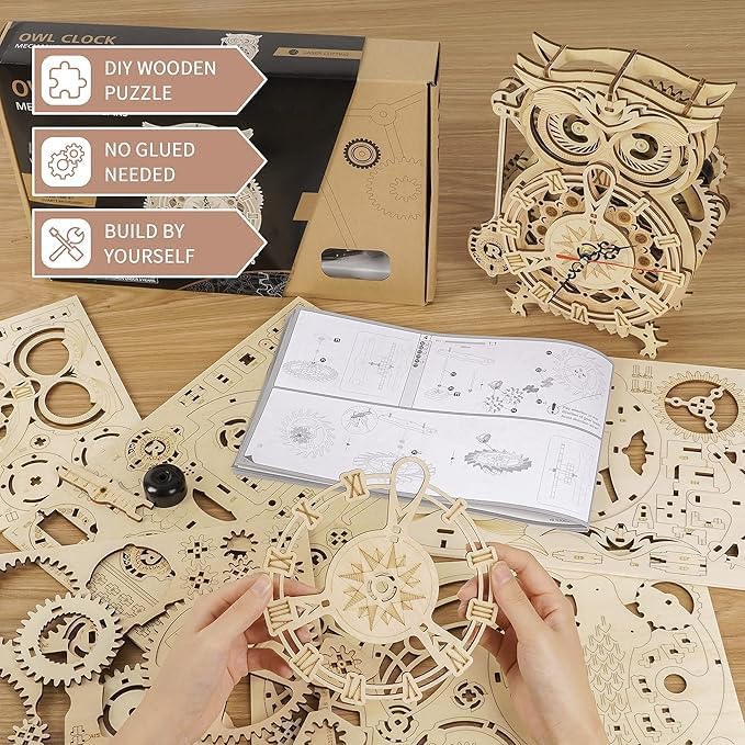 Robotime 3D Puzzle Holz Eule Uhr, Hölzerne Mechanische Modellbausatz für Erwachsene, Handwerk Holzba
