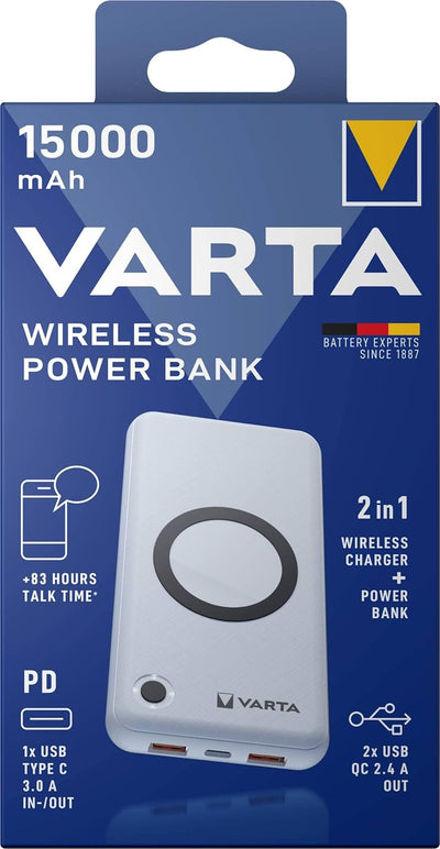 VARTA 2 in 1 Power Bank und Wireless Charger, kabelloses Ladegerät, Powerbank 15000mAh, LED Ladestan