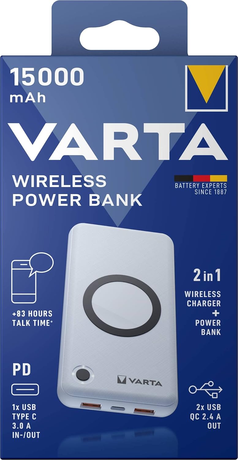 VARTA 2 in 1 Power Bank und Wireless Charger, kabelloses Ladegerät, Powerbank 15000mAh, LED Ladestan