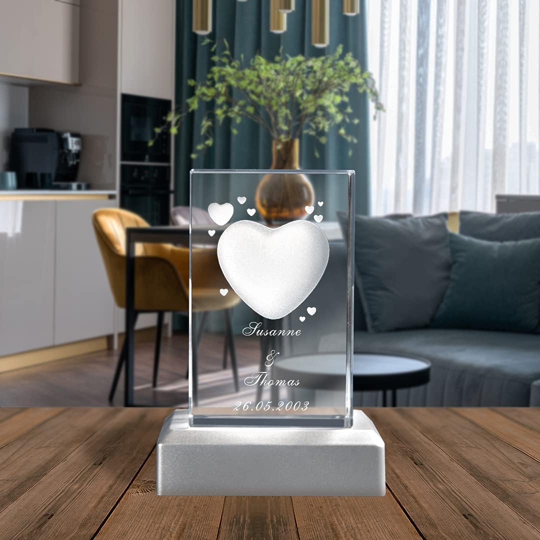 LOOXIS Personalisierte 3D Herz-Gravur im Glas – versch. Motive, Namen, Wunsch-Text – Geschenk-Idee z