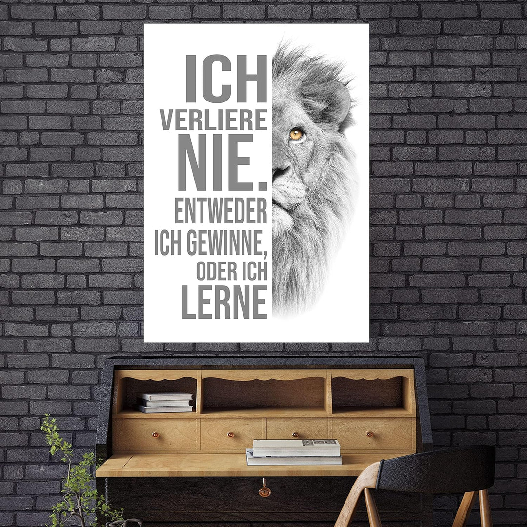 wandmotiv24 Poster als Wanddeko, Grösse Din A0, ich verliere nie, Weiss, Löwe, Moderne Wanddeko, Wan