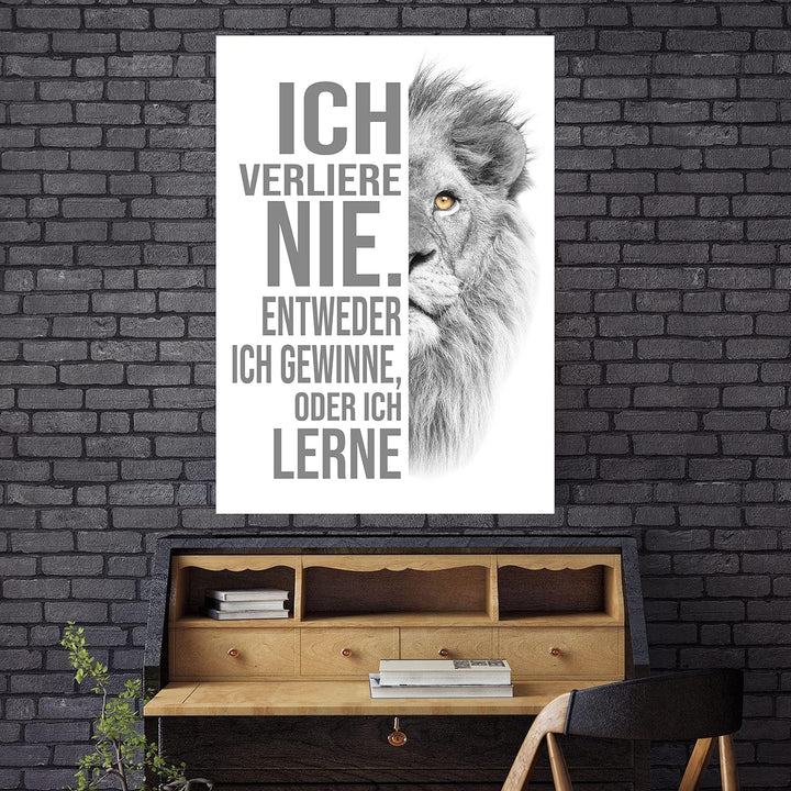 wandmotiv24 Poster als Wanddeko, Grösse Din A0, ich verliere nie, Weiss, Löwe, Moderne Wanddeko, Wan