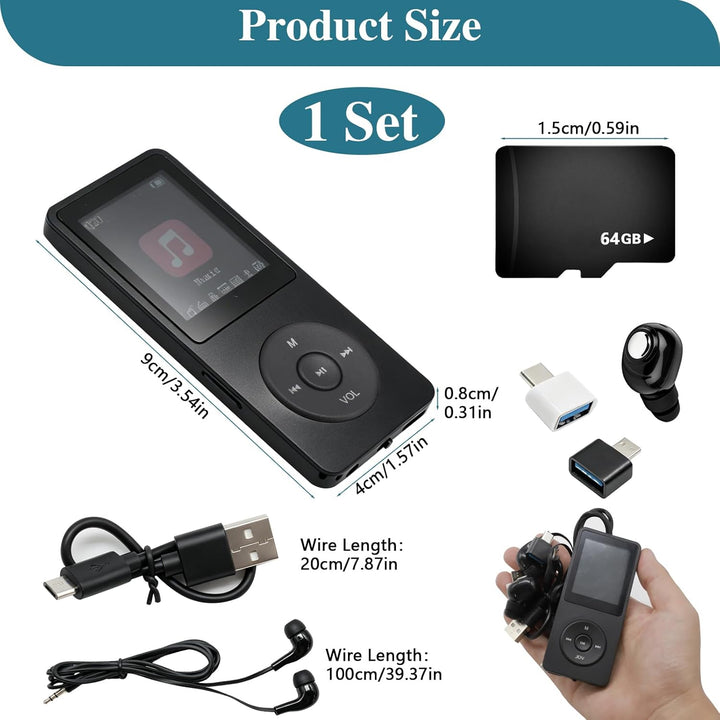 MP3 Player Bluetooth 5.3 mit 64 GB Speicher, tragbarer Musik Player mit Lautsprecher, HiFi MP3 Playe