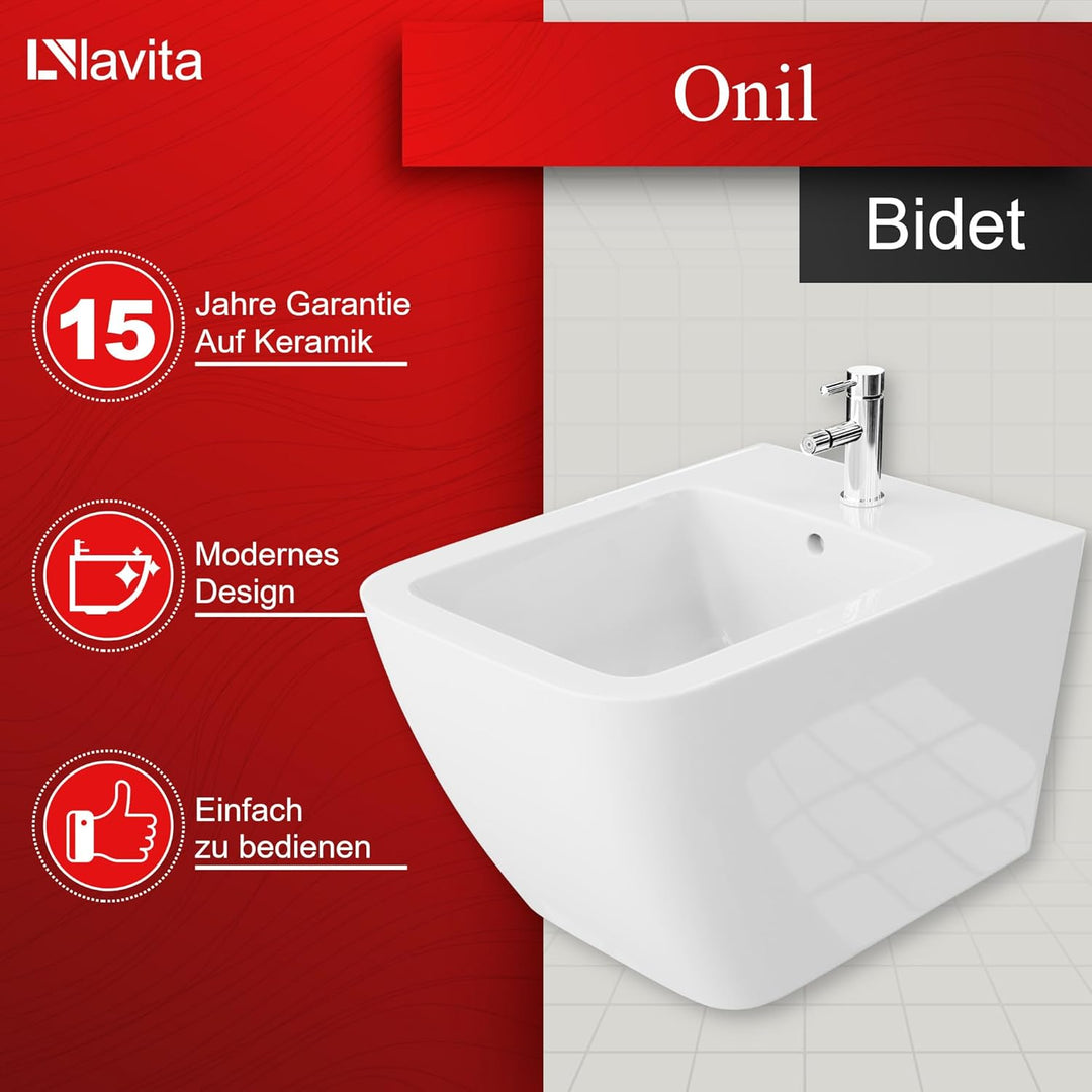 LAVITA Universal Wand Bidet, WC mit Hahnloch und Überlaufschutz aus Keramik 35,5 x 51 x 32,5 cm Sitz