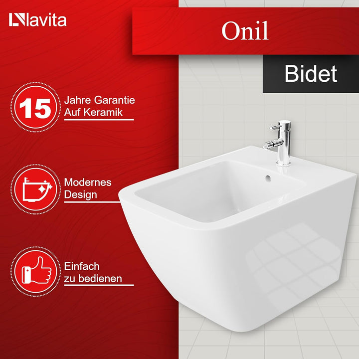 LAVITA Universal Wand Bidet, WC mit Hahnloch und Überlaufschutz aus Keramik 35,5 x 51 x 32,5 cm Sitz