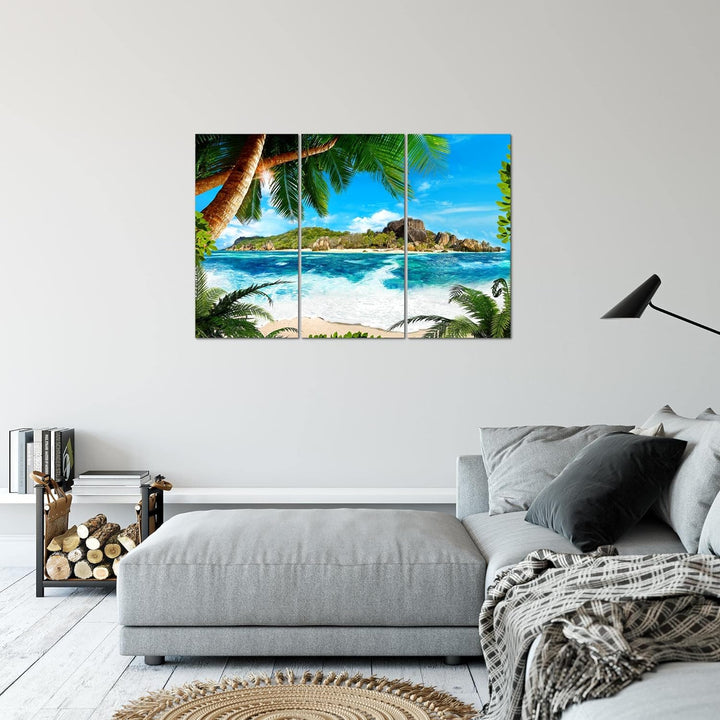 Runa Art Wandbilder Karibik Insel Bild XXL Wohnzimmer Schlafzimmer Blau Palme Meer 120 x 80 cm 3 Tei