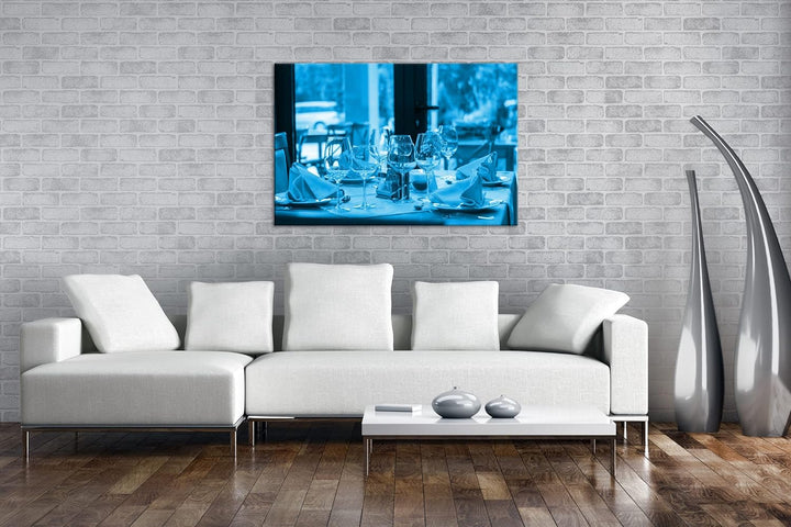 deyoli edles Restaurant Format 80x60 Effekt: Monocrome Blau als Leinwandbild, Motiv fertig gerahmt a